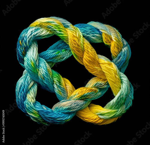 Colorful braided yarn infinity symbol and interlaced fiber knot on black background, creative handcraft concept