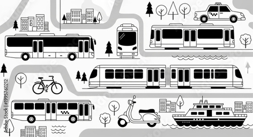 Collection of various public transportation vehicles and city elements.