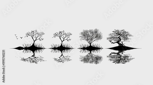 Black and white illustration of trees with reflections on a lake, with birds