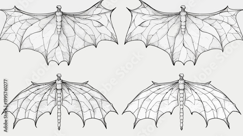 Monochrome illustration of four winged insect figures. Various stages of anatomical details shown