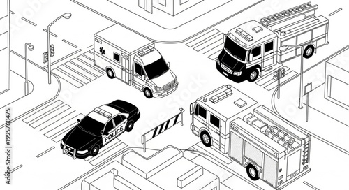 Emergency vehicle intersection scene isometric drawing.