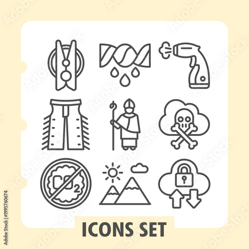 Clothespin western pants, scooter ban icons, collection representing domestic life, environmental safety, digital privacy and spiritual guidance. Set of nine line icons on white background.