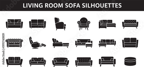 Set of Living Room Sofa Silhouettes and Furniture Icons for Interior Design and Home Decor Projects