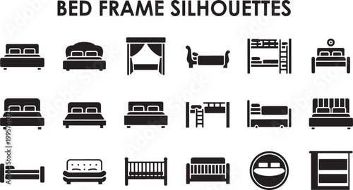 Set of Bed Frame Silhouettes and Furniture Icons for Interior Design and Home Decor Projects Vector Illustration