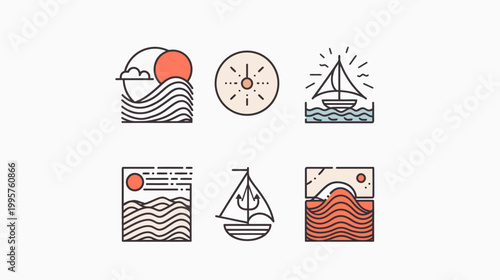 Stylized nautical icons featuring sun, waves, compass, sailboats, and stylized landscape elements