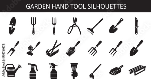 Set of Garden Hand Tool Silhouettes Featuring Shovels Rakes Pruners and Watering Equipment for Landscaping Design Projects