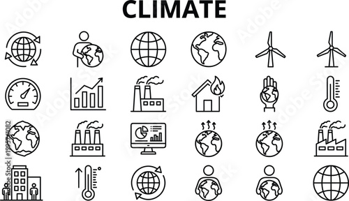 Climate change icon set featuring global warming pollution renewable energy temperature monitoring and environmental impact outline vector collection