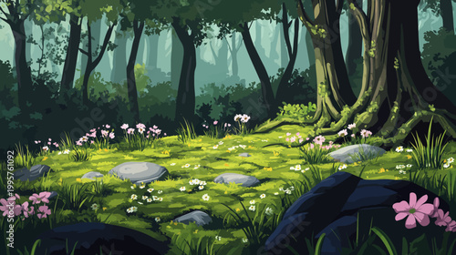 A vibrant, pixelated illustration of a serene forest floor, with blossoming flowers and lush greenery