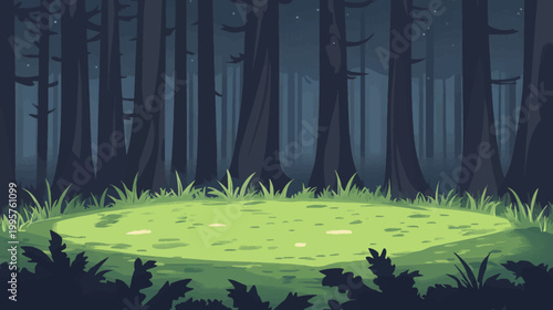 A stylized illustration featuring a dark forest with illuminated clearing. Trees and grass are silhouetted