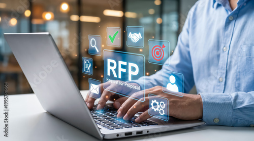 Businessman working on laptop with rfp request for proposal digital icons overlay for business procurement process