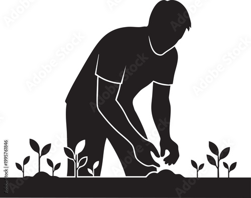 Silhouette of a farmer tending to plants with black and white, background