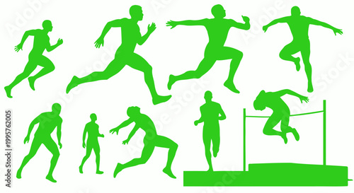 Runner Silhouettes Collection: Sprinting, Jumping, Hurdles - Green Action Graphics