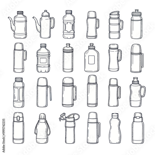 Hand-drawn collection of various thermoses and water bottles