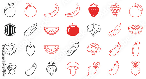 Healthy Fruits and Vegetables Icons Set - Fresh Organic Food Vector Illustration