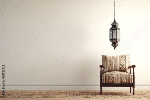 Elegant patterned armchair with hanging ornate lantern.