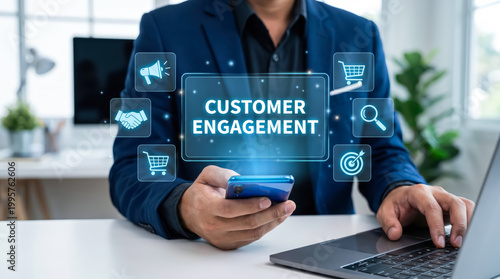 Businessman using smartphone with digital customer engagement interface icons, business strategy and marketing concept