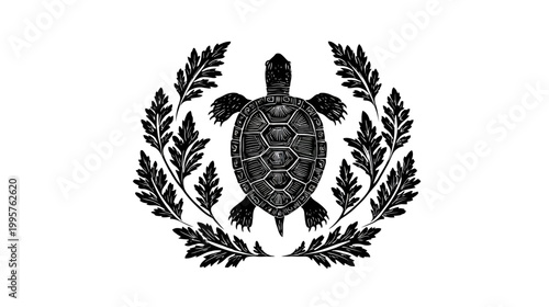 A detailed monochrome illustration of a turtle encircled by an ornamental leafy design