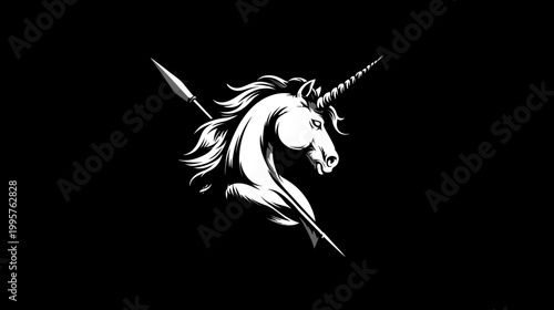 A stark, grayscale illustration of a unicorn's head pierced by a spear
