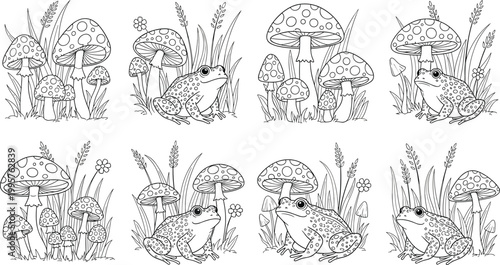 Black and White Mushroom and Frog Forest Scene Collection Set Featuring Detailed Outline Toadstool, Grass and Flower in Sketch Vector Design for Nature and Coloring Book Concepts