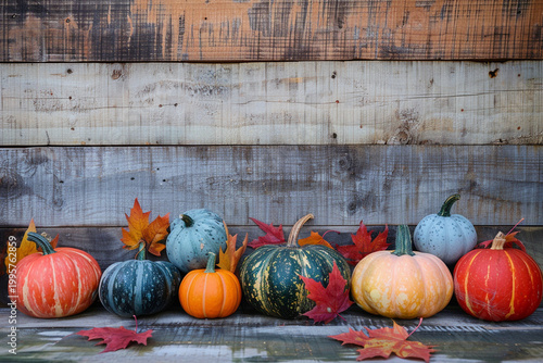 Colorful pumpkins and autumn leaves on rustic wooden background for Thanksgiving and Halloween