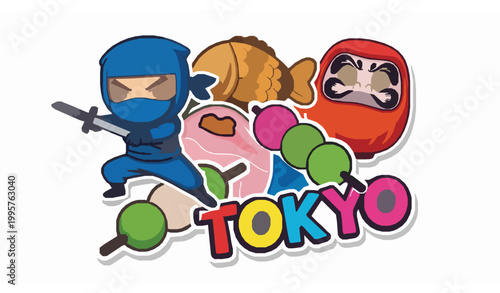 Colorful Kawaii Japan Sticker Pack with Ninja Daruma Taiyaki and Dango Cute Cartoon Vector