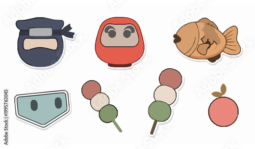 Kawaii Japanese Sticker Set with Cute Ninja Daruma Dango and Tokyo Typography Vector Illustration