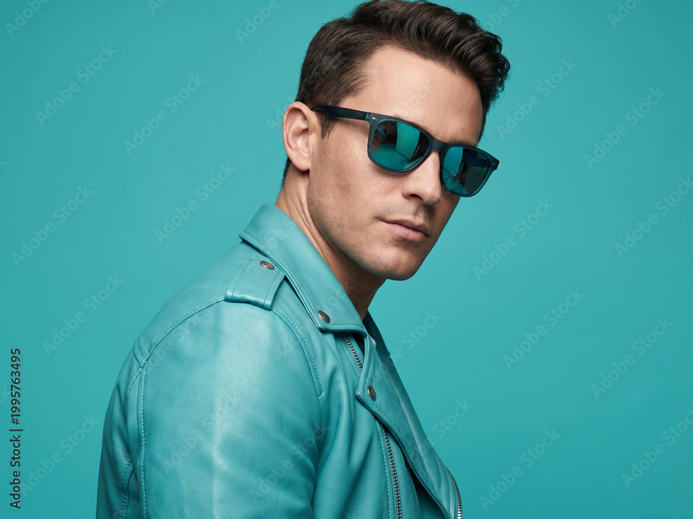 Fototapeta premium Confident Stylish Man in Turquoise Leather Biker Jacket and Mirrored Aviator Sunglasses