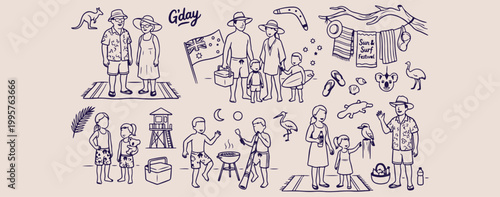 Australian culture and outback adventure, kangaroo and boomerang vector illustration, traditional aboriginal art and symbols doodle, australian map and landmarks collection, wild nature and outback tr