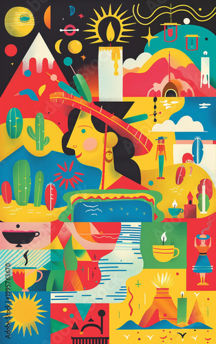 Latin American Folklore Illustration Set with Traditional Symbols, Cultural Icons, and Surreal Landscapes in Modern Flat Design Style