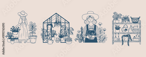 Greenhouse nursery and garden woman, greenhouse plants and glasshouse illustration, sustainable living and gardening doodle, female gardener and plant collection, botanical conservatory and nature vec