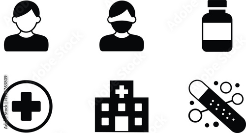 Collection of six medical related icons representing health and healthcare services in a simple graphic style