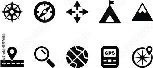 Collection of ten black navigation and travel icons including compasses map markers and tents isolated on a transparent background