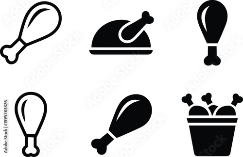 Collection of six stylized chicken food icons including drumsticks a whole roast chicken and a bucket of fried chicken