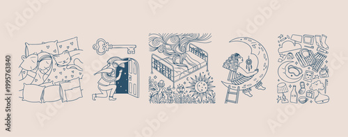 Key to knowledge and garden window, secret door and discovery illustration, vintage antique key and lock doodle, open book and flower collection, imagination and dream concept vector, house exterior a
