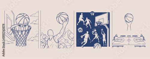 Basketball player and sports action set, athletic competition and fitness illustration, basketball game and team doodles, dunking and shooting move collection, healthy active lifestyle vector art, pro
