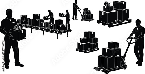Logistics and warehouse operations a silhouette illustration of workers handling equipment and moving cargo efficiently