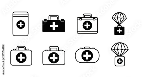 Medical emergency icons set first aid kits parachutes and healthcare symbols in black and white