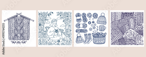 Knitting yarn and crochet craft set, handmade textile hobby vector illustration, cozy winter wool clothing doodles, sewing and crafting supplies collection, creative DIY handmade product art, knitting