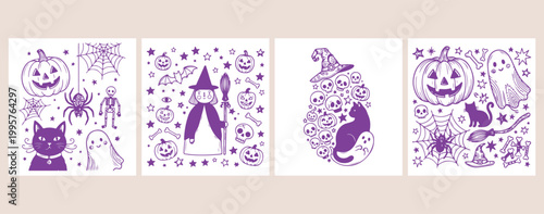 Halloween witch and magical cat illustration, spooky festive holiday doodle set, mystical sorceress and feline companion, pumpkin and potion bottle art, gothic halloween party design elements, hand dr