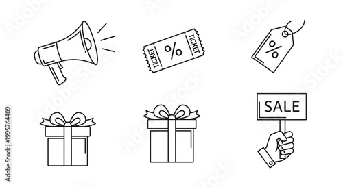 Sale and promotion icons megaphone tickets gifts and discount signage in black and white