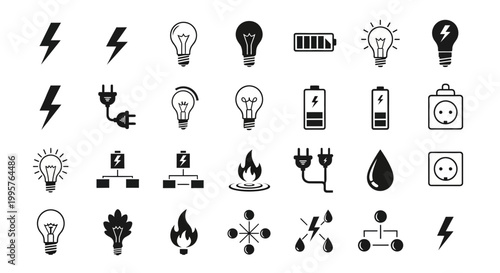 Black and white energy icons lightning bulbs batteries and power sources collection
