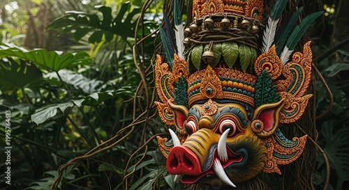 Traditional Balinese Boar Mask on Tree in Lush Jungle, Cultural Art