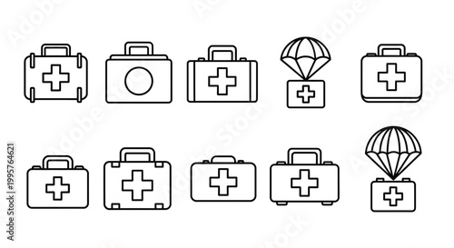 Medical emergency services icons first aid kits parachutes and healthcare symbols in black and white