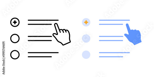 Suggestion ranking selection symbol. AI generated list with human selecting one option. Ranked recommendation and human choice concept. Simple geometric illustration.