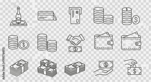Financial icons collection money banking transactions and wealth representation in outline style