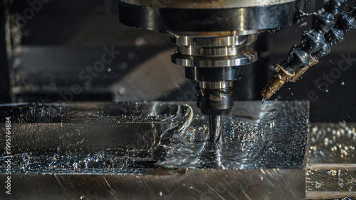 cnc machine cutting metal surface macro tool contact shavings coolant steel