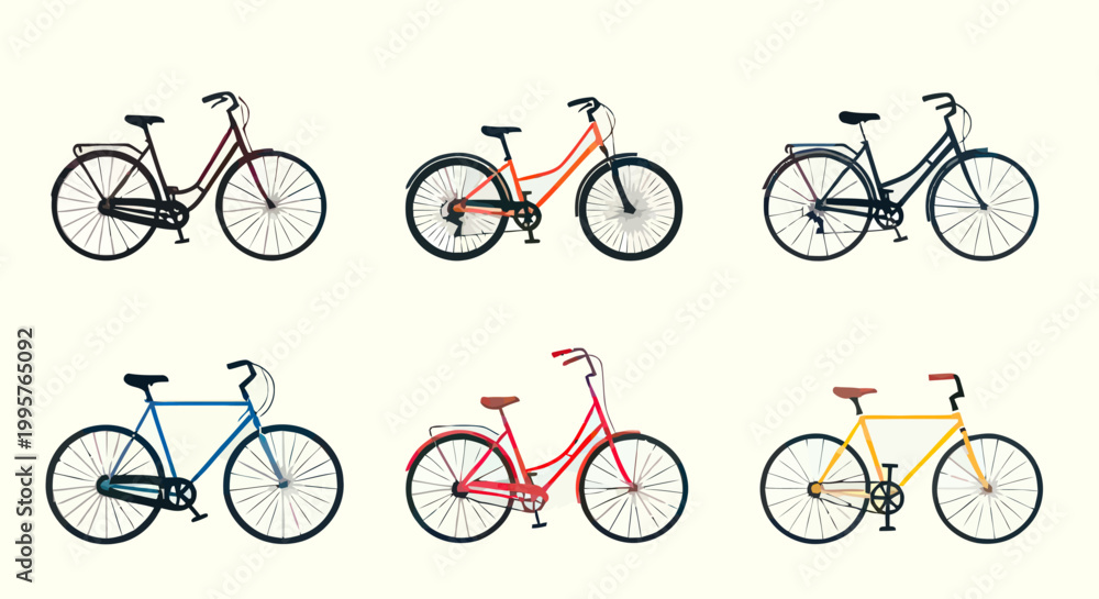 Obraz premium Collection of six vintage city bicycles in flat illustration style