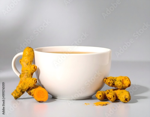 Minimalist Turmeric Tea Infusion with Fresh Roots Conceptual Digital Art AI Generated