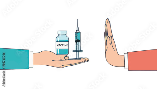 Illustration of vaccine rejection with a hand offering a vial and a hand showing a stop gesture.