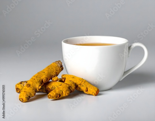  Turmeric tea in white cup with fresh roots, minimalist wellness still life, clean modern mood, AI generated digital art